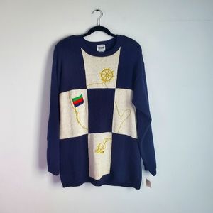 VTG Nautical Checker Sweater 1X Navy Cream Knit Cotton Longline